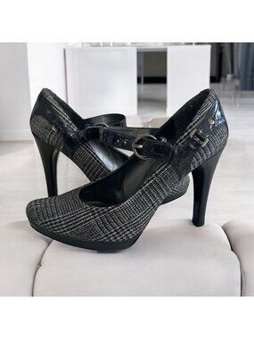 STUART WEITZMAN Glenplaid Gray Black Mary Janes Heels Size 7.5